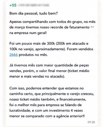 Cliente compartilhando recorde de faturamento de mais de 300 mil no mês